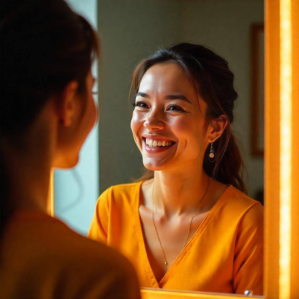 A person smiling confidently in front of a mirror.