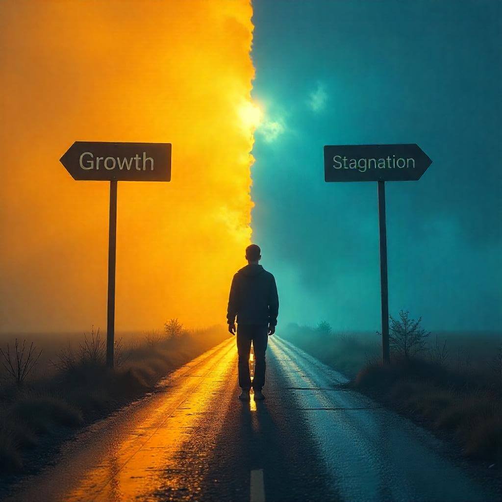 A person at a fork in the road, one path bright and the other dim.