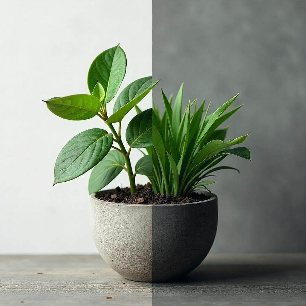 A split design contrasting a wilted plant (fixed mindset) with a thriving plant (growth mindset).