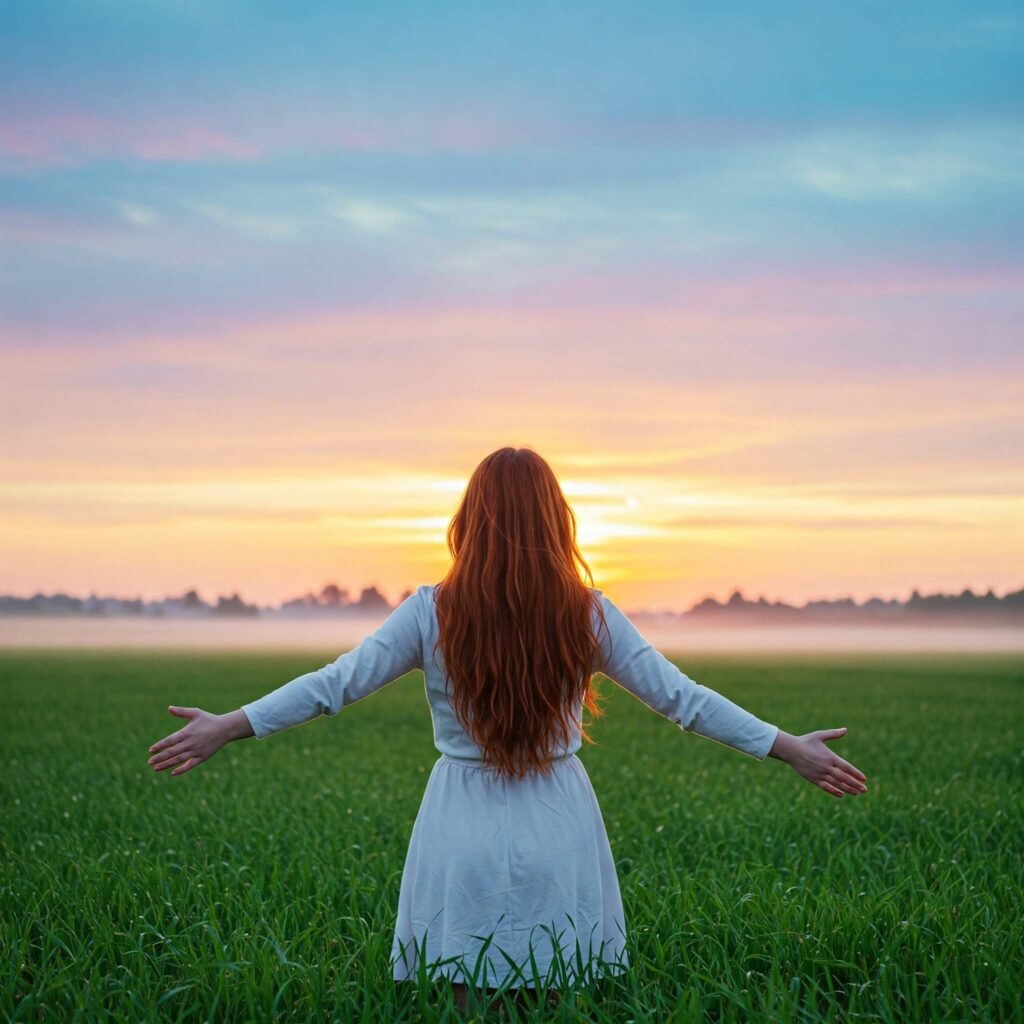 "Person in field at sunrise with arms outstretched"