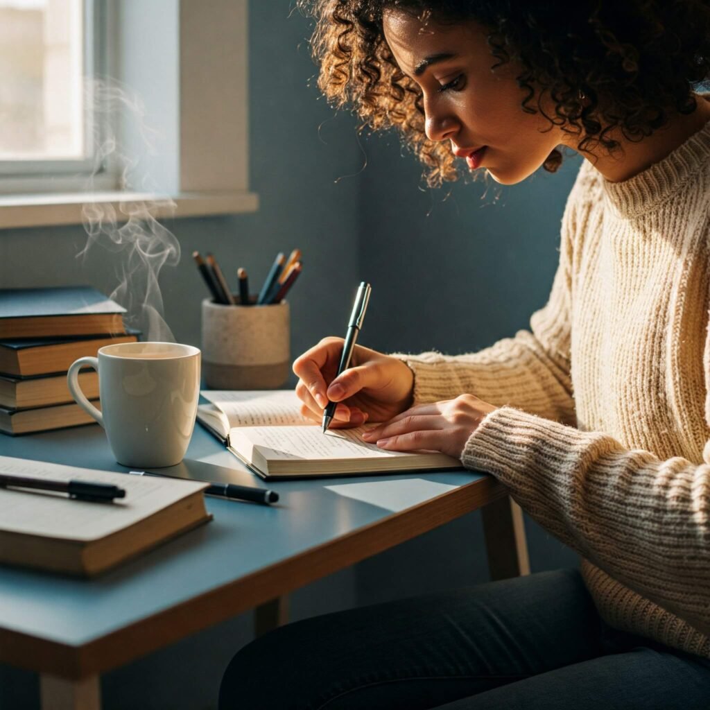 "Person writing in journal at desk with tea"