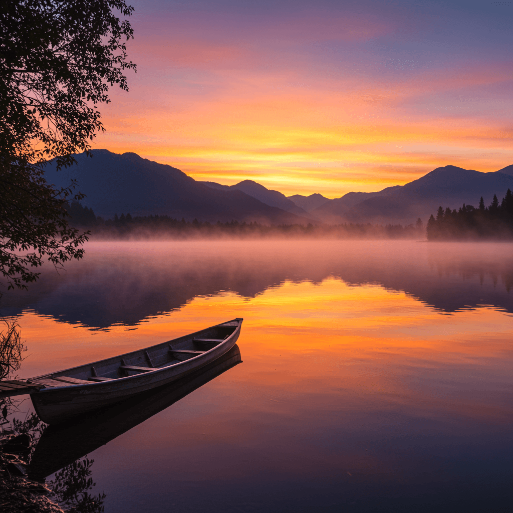 Calm lake surrounded by mountains at sunrise.