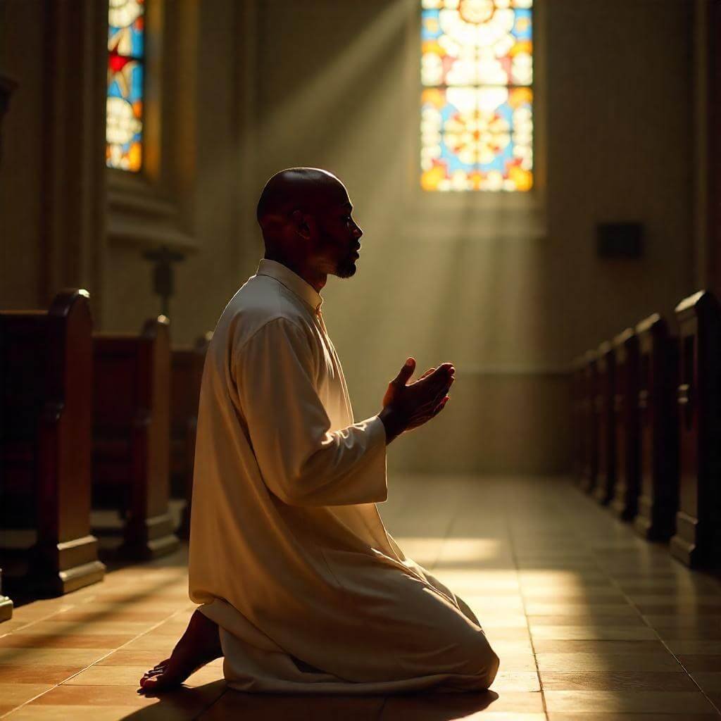 A person praying in soft sunlight