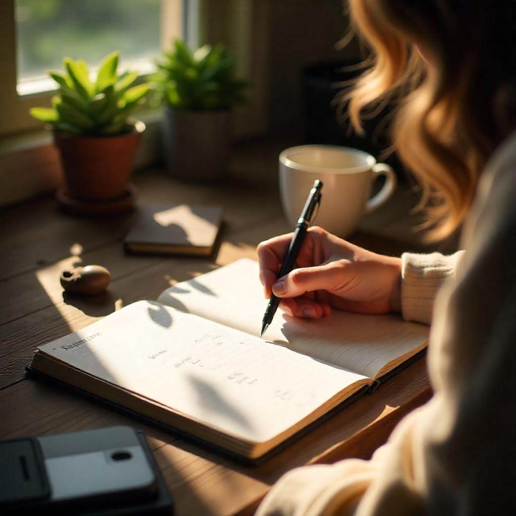 A person writing morning affirmations in a journal at a cozy desk.