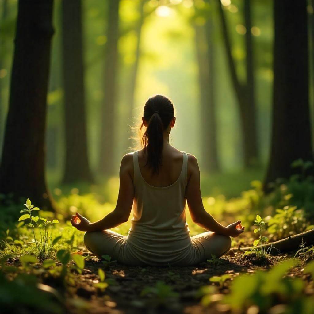 Include an image of a person meditating in a peaceful forest, with soft lighting to evoke calm and healing.