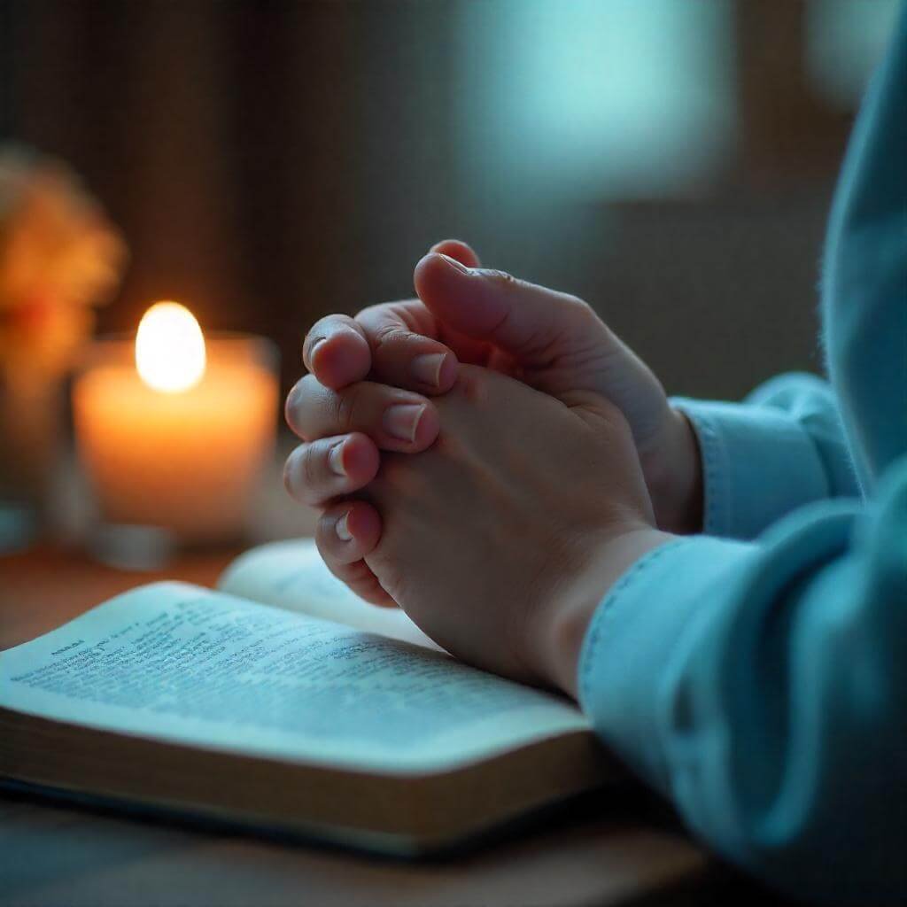 Close-up of hands clasped in prayer, emphasizing intimacy and devotion.