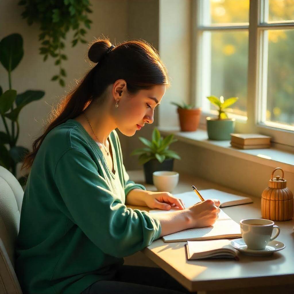 A person writing in a gratitude journal at a cozy desk.