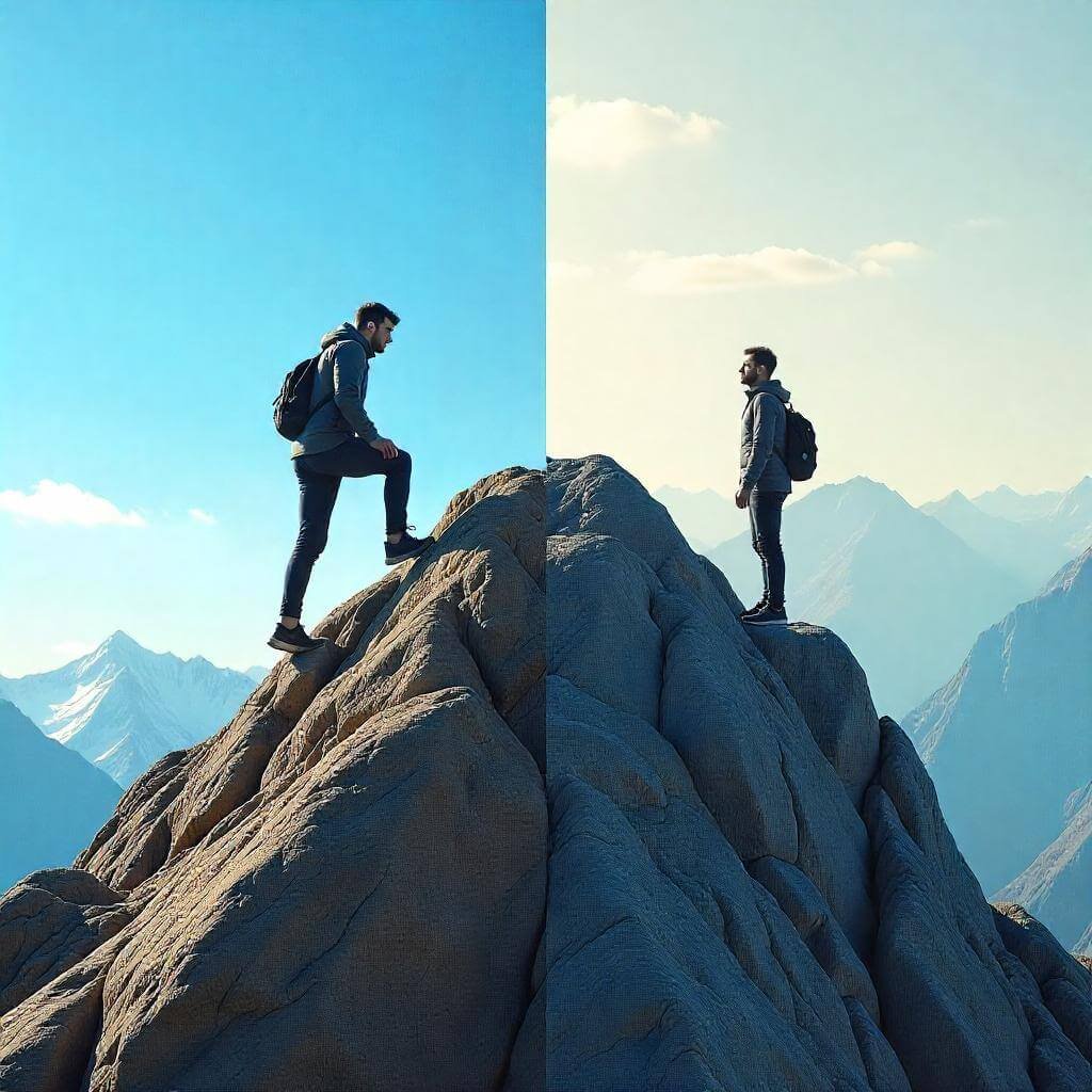 A person climbing a mountain (growth mindset) vs. a person standing still (fixed mindset).
