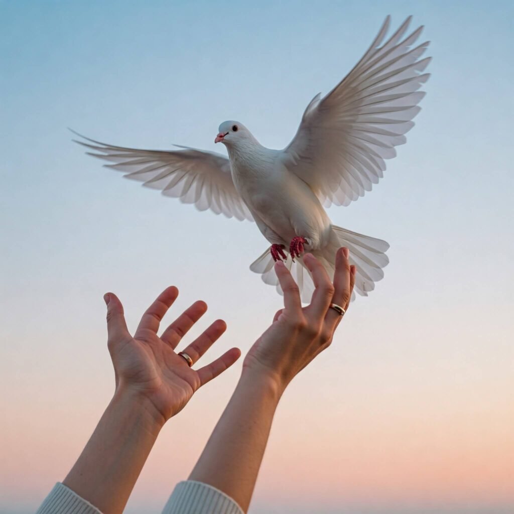 "Hands releasing a white dove against a soft sky"