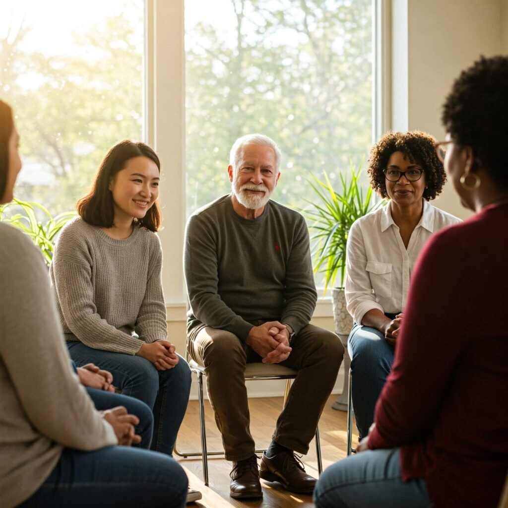 "Diverse group sharing in a supportive circle"