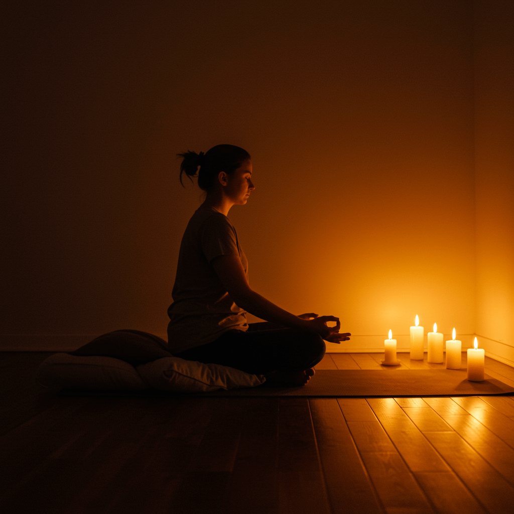 Person meditating in a quiet room with candlelight.