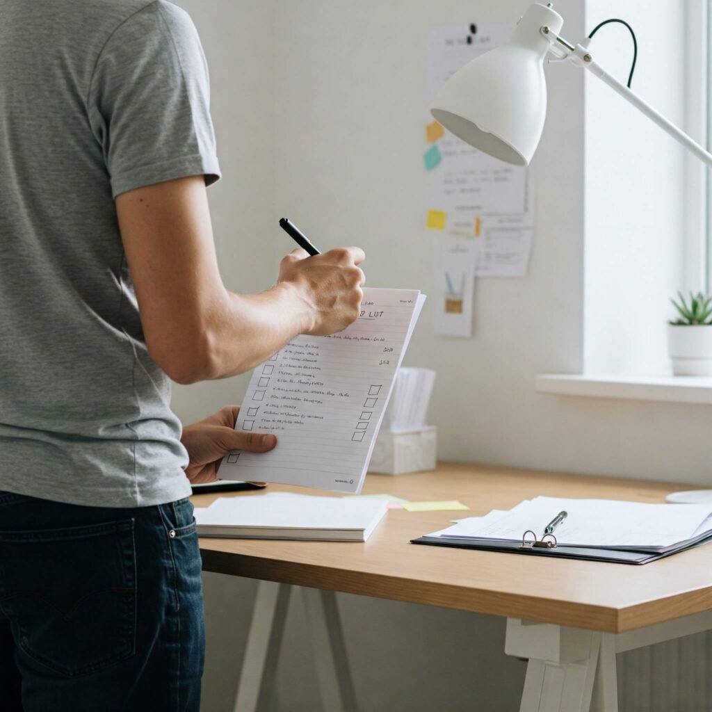 a person checking off a to-do list, with a backdrop of a serene, organized workspace. Use greens and soft neutrals to evoke growth and accomplishment.