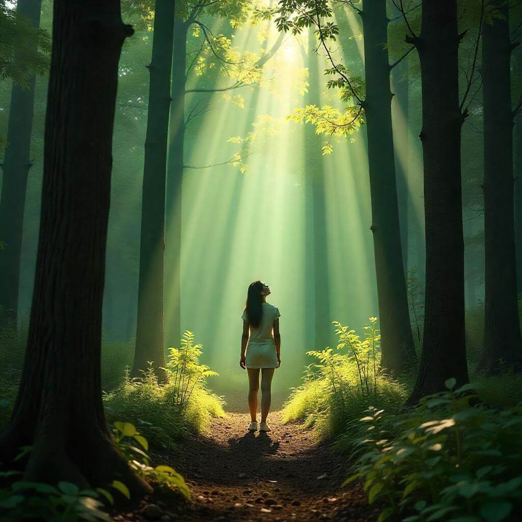 A person in a forest, looking upward, symbolizing seeking God’s guidance.