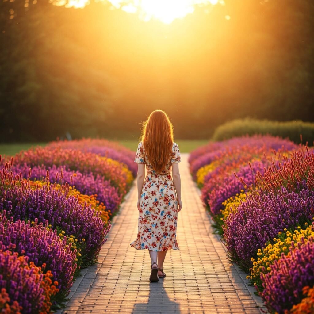 a person walking down a path lined with blooming flowers, symbolizing growth and moving forward. Use vibrant colors like green and yellow to evoke optimism.