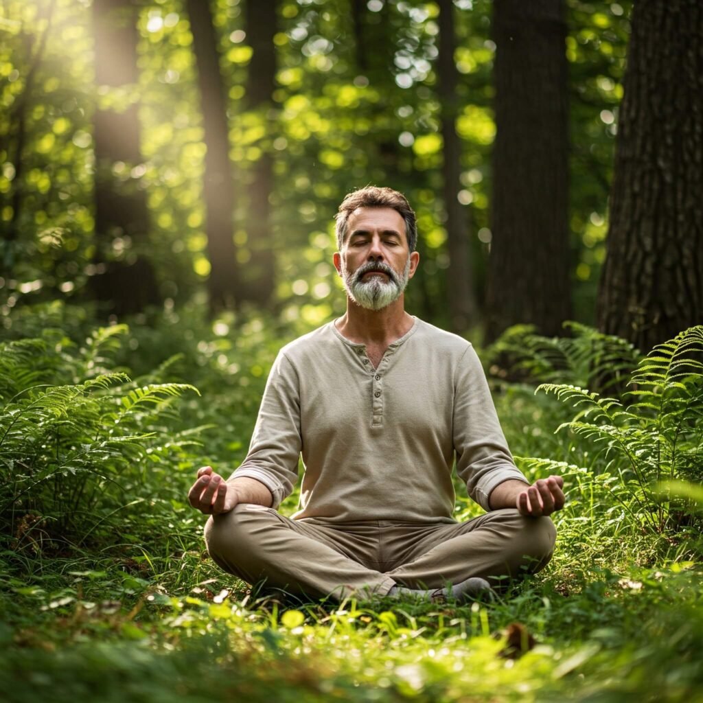 "Person meditating in a lush forest clearing"