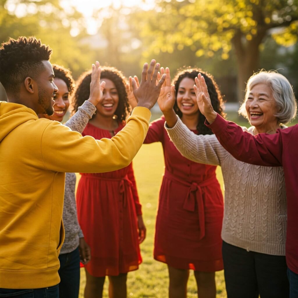 Diverse group high-fiving