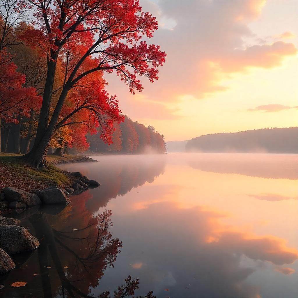 A peaceful lakeside at sunrise, with mist rising from the water. Use pastel pinks and purples for hope and tranquility.